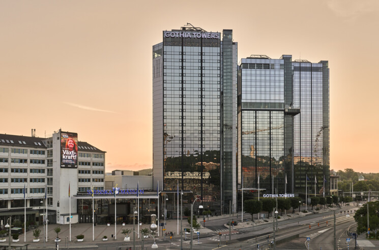 Svenska Mässan och Gothia Towers framifrån vid ingången