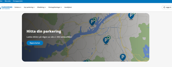 Kartbild över våra anläggningar med texten: Hitta din parkering. Ladda elbilen på någon av våra 2496 laddpunkter.