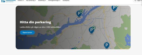 Kartbild över våra anläggningar med texten: Hitta din parkering. Ladda elbilen på någon av våra 2496 laddpunkter.